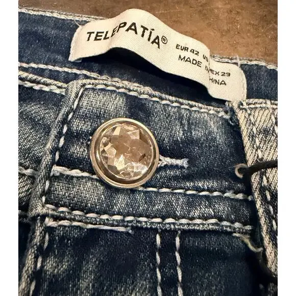 Telepatía Mid-Rise, Wide-Leg Denim Stretch Embellished Jeans Women’s 9/29 Skull - Picture 3 of 12